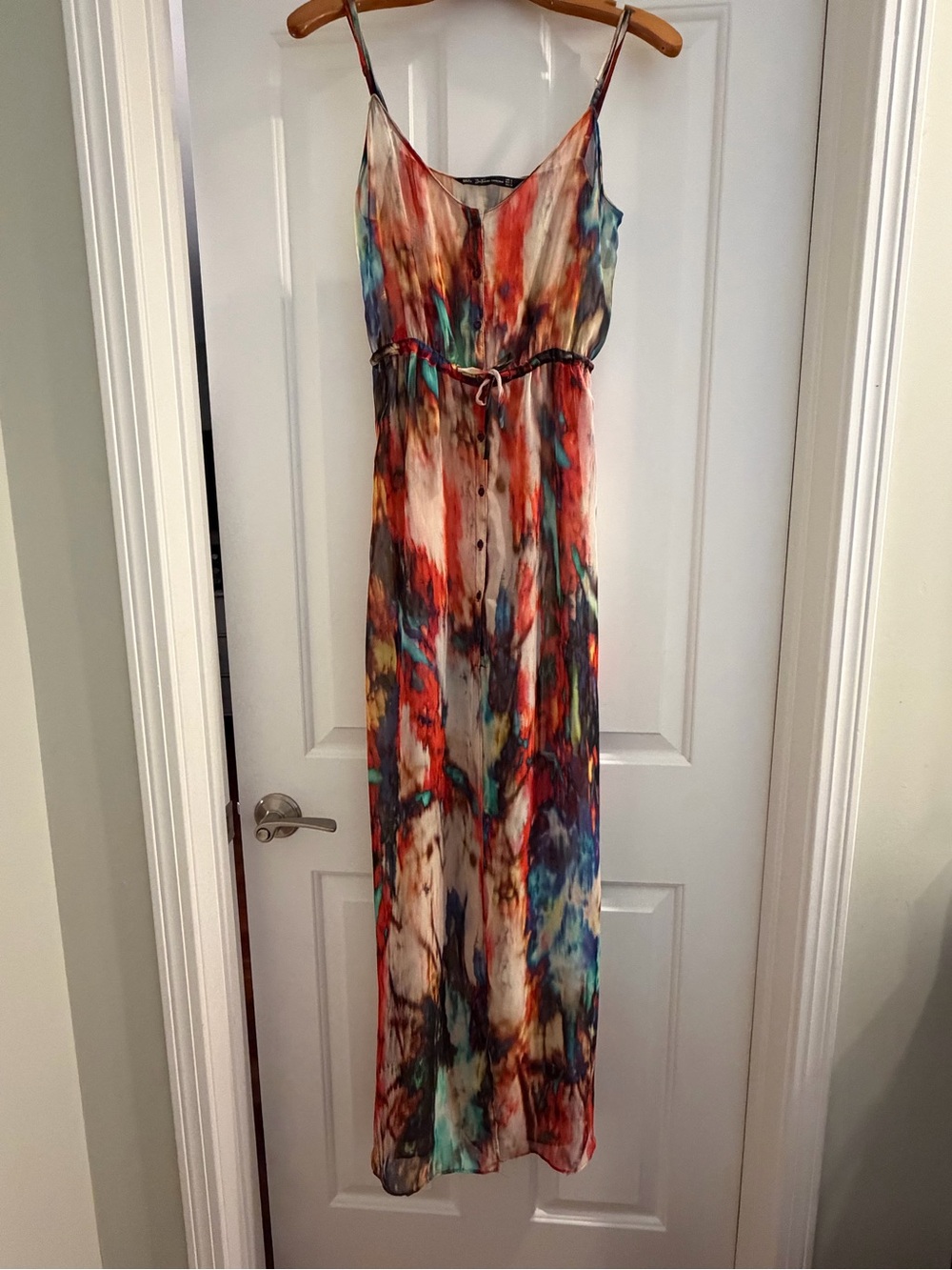 Zara Multicolor Watercolor Maxi Dress with Tie Waist